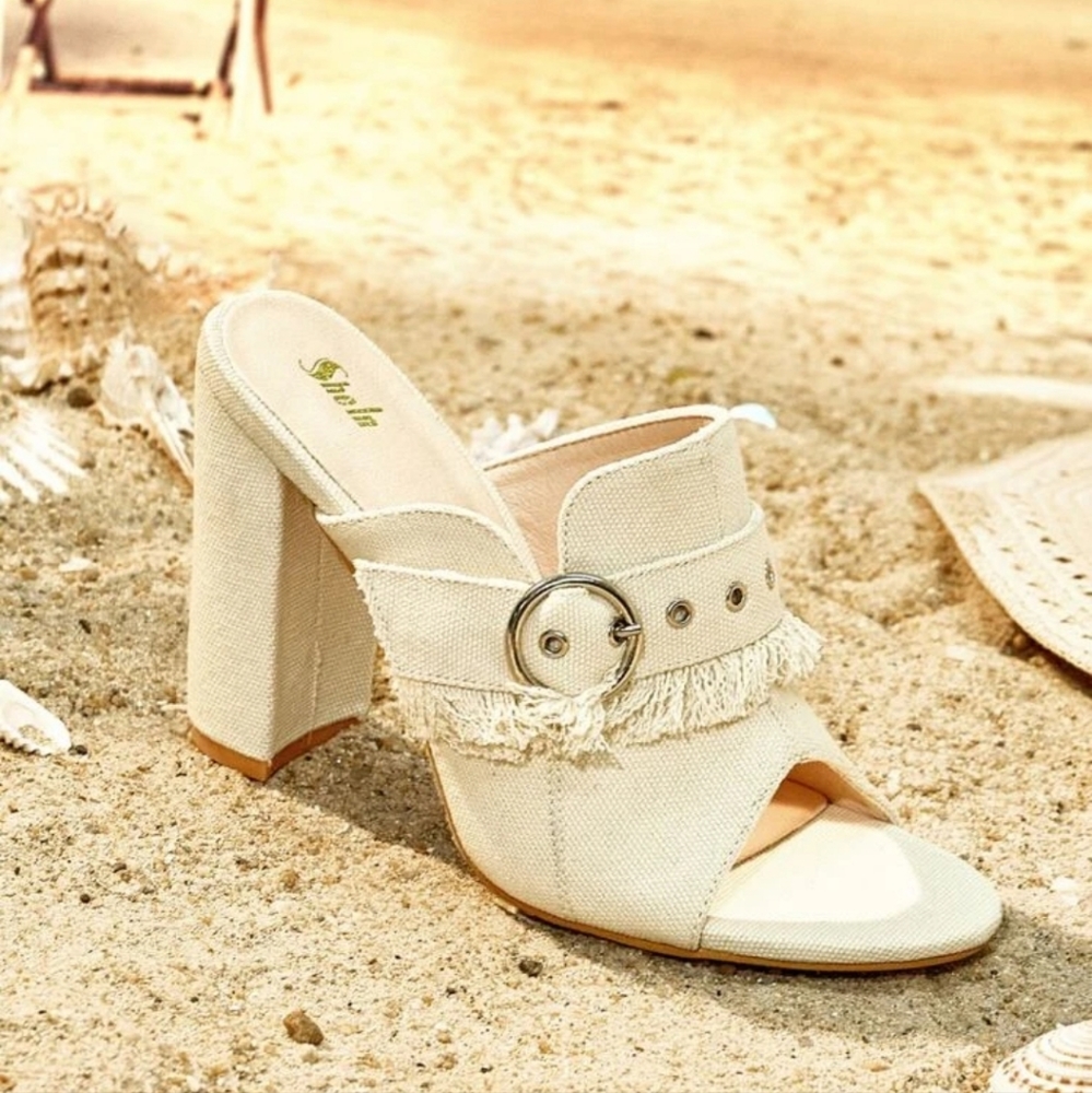 Cream Fringe Block Heel Mules
